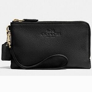 Coach Double Corner Zip Wallet Embossed Black Pebble Leather Gold Tone Hdwr NWT